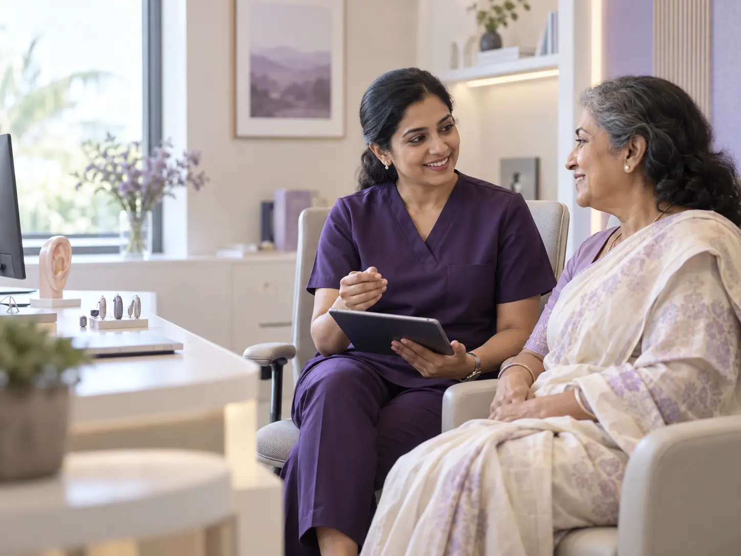 Audiologist discussing personalised hearing care with a patient